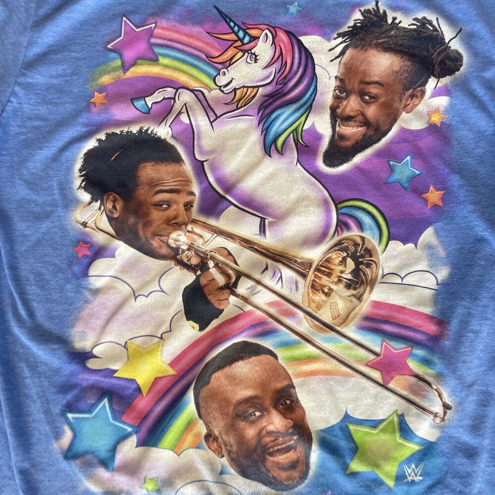 WWE Wrestling NEW DAY T-Shirt; Mens Sz Large; Light Blue; Kofi, Big E; Unicorn
